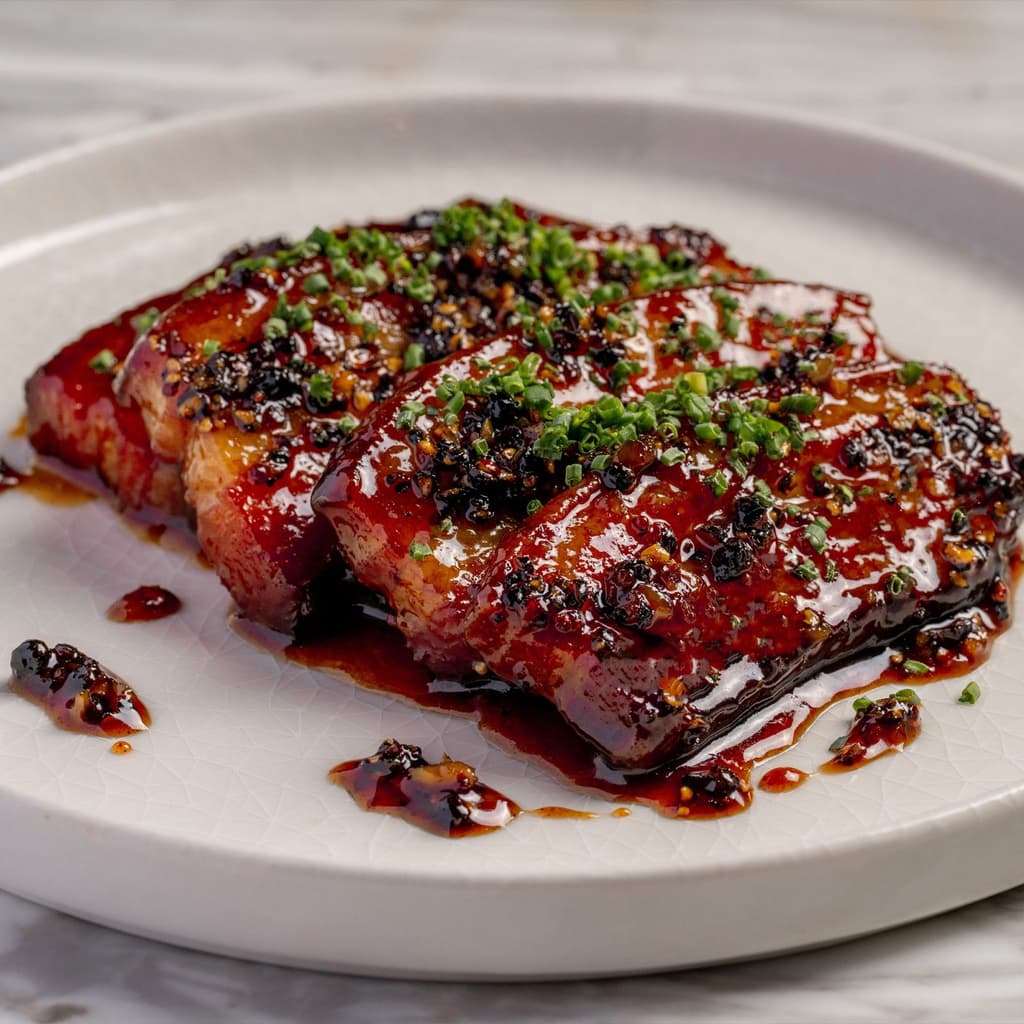 Glazed pastrami bacon from High Steaks Vegas, a modern steakhouse set to debut in October 2025 atop Rio's Masquerade Tower near the Las Vegas Strip.