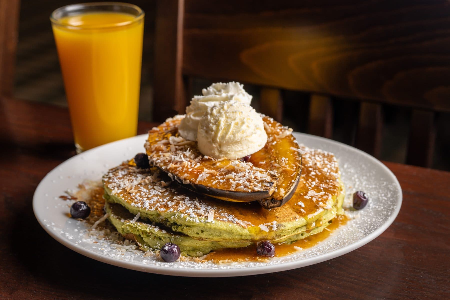 Banana Matcha Pancakes with Orange Juice