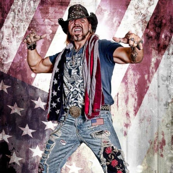 Rodeo Rockstar Revival in front of an American flag